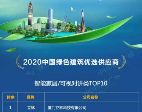 立林榮獲“2020中國(guó)綠色建筑優(yōu)選供應(yīng)商”智能家居/可視對(duì)講類(lèi)TOP1